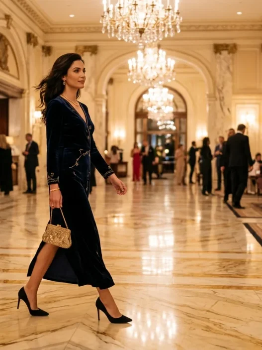 Woman crossing luxurious hotel lobby in elegant evening wear with marble floors and chandeliers
