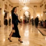 Woman crossing luxurious hotel lobby in elegant evening wear with marble floors and chandeliers