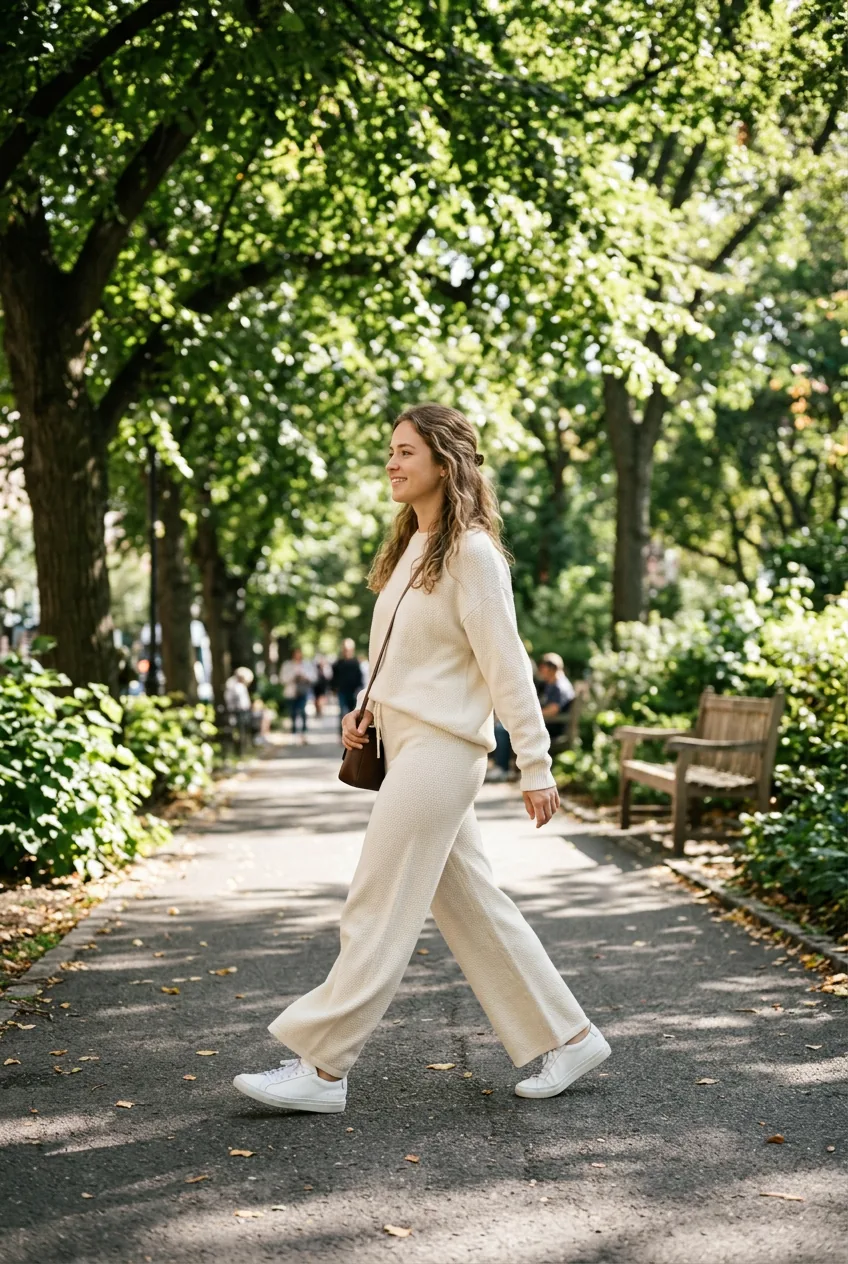 Woman in matching cream knit set walking on tree-lined sidewalk with dappled sunlight