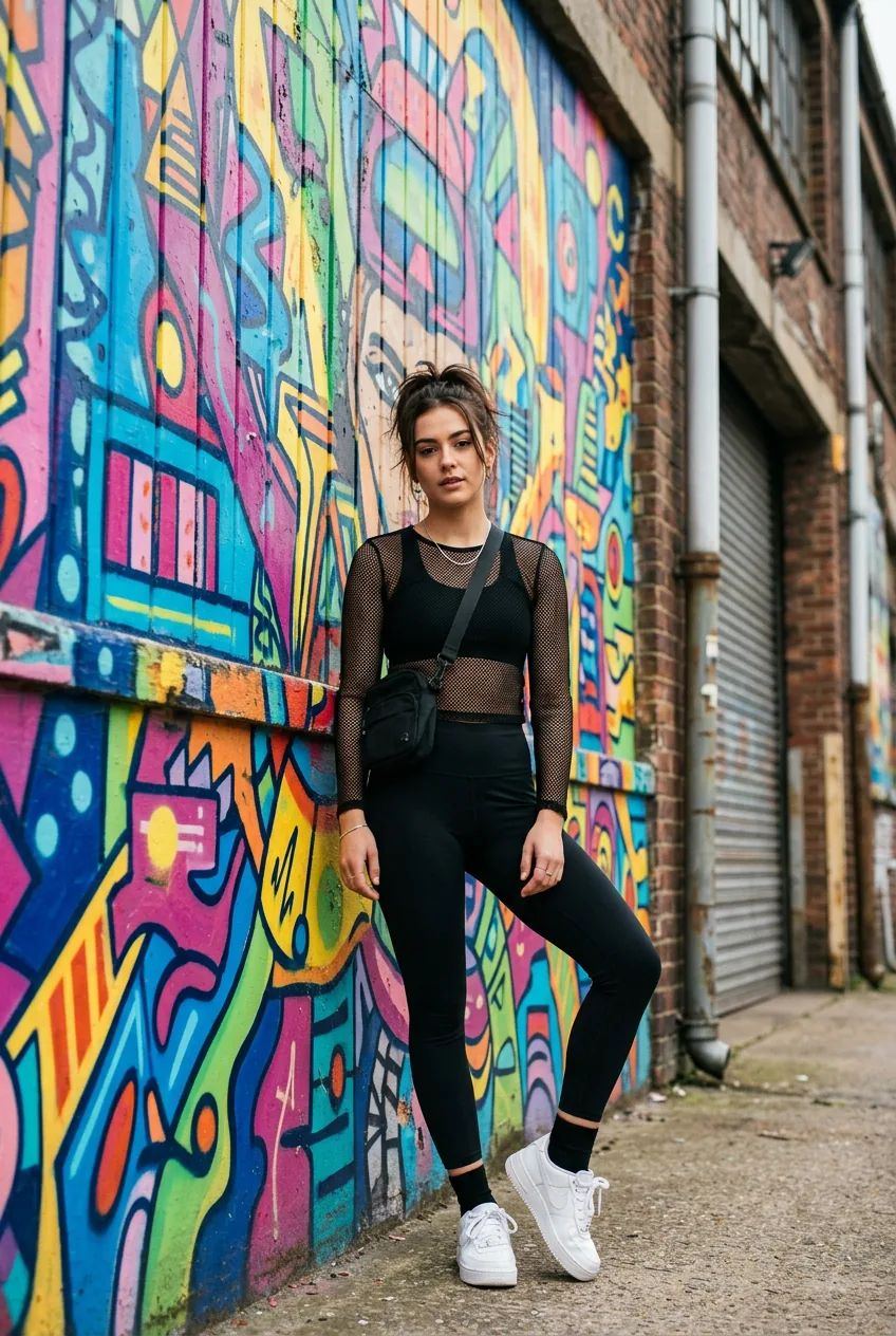 Woman wearing black leggings, mesh overlay top, and comfortable sneakers for electronic show