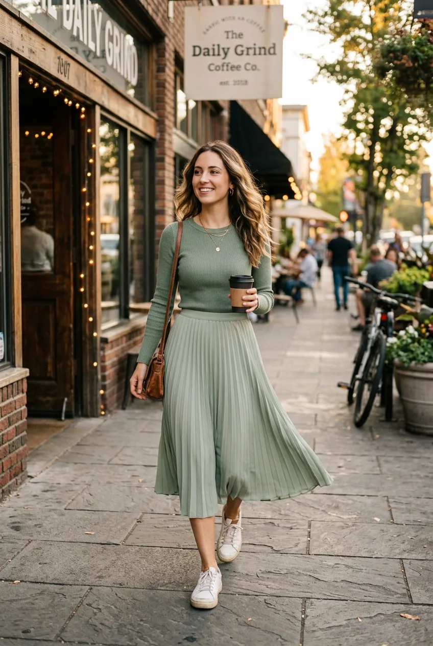 Woman in flowy midi skirt and sage green fitted long-sleeve top near coffee shop