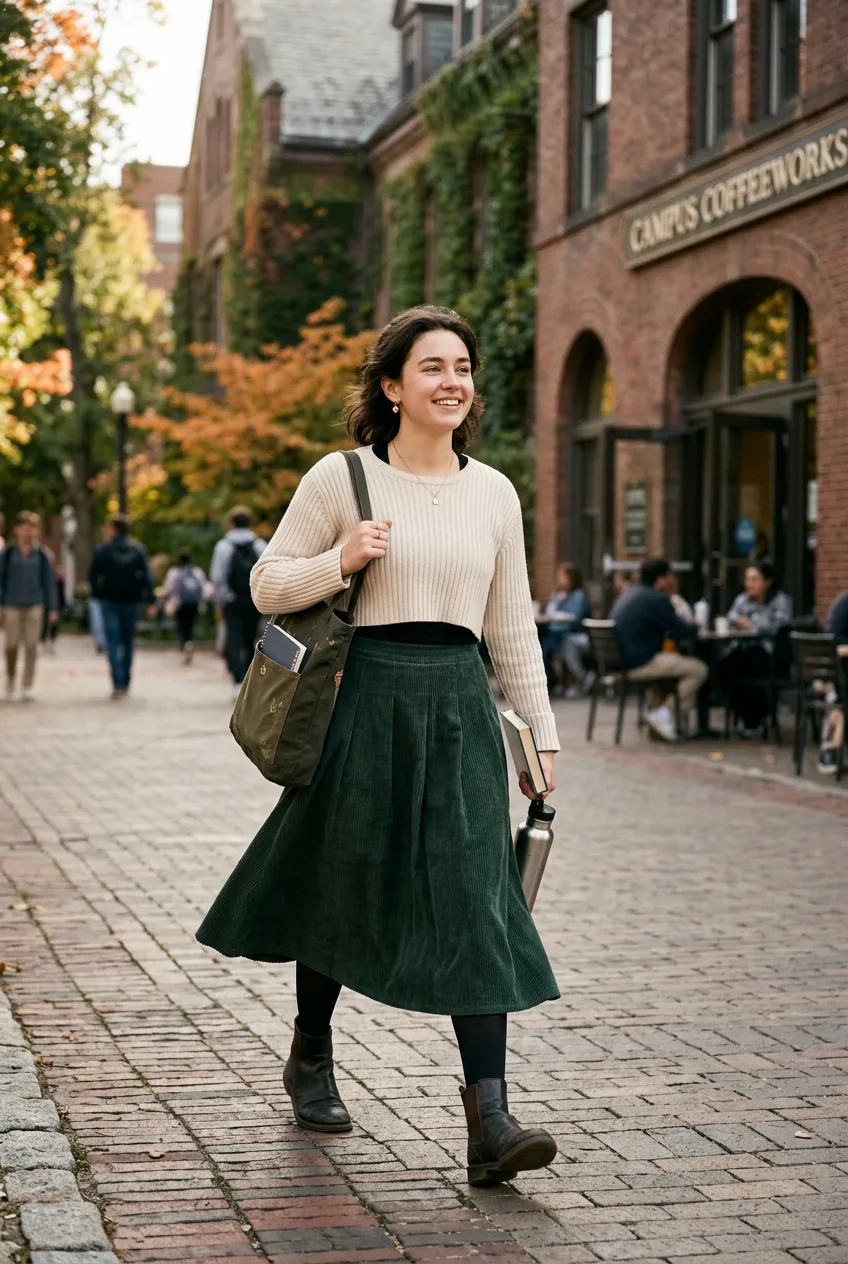 Woman in midi skirt with cropped sweater and ankle boots walking toward campus coffee shop