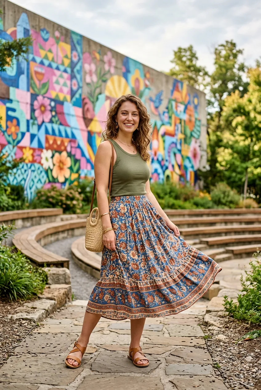 Woman in flowing midi skirt, fitted tank top, and comfortable sandals for outdoor amphitheater