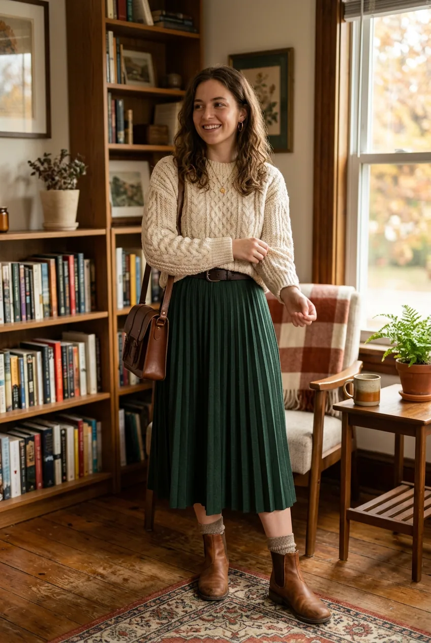 Woman styling midi skirt with knit sweater and ankle boots in cozy indoor setting