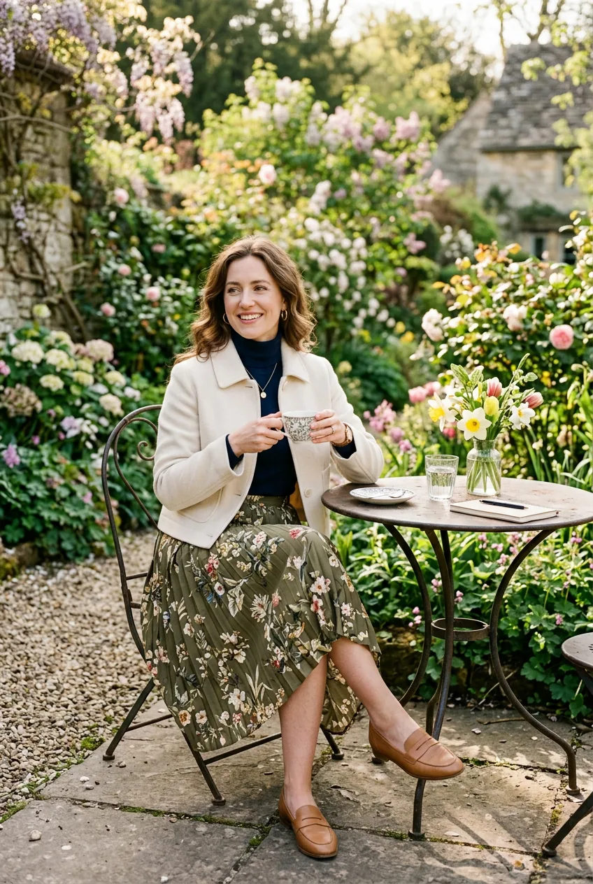Woman in midi skirt with fitted turtleneck and cropped jacket at garden table