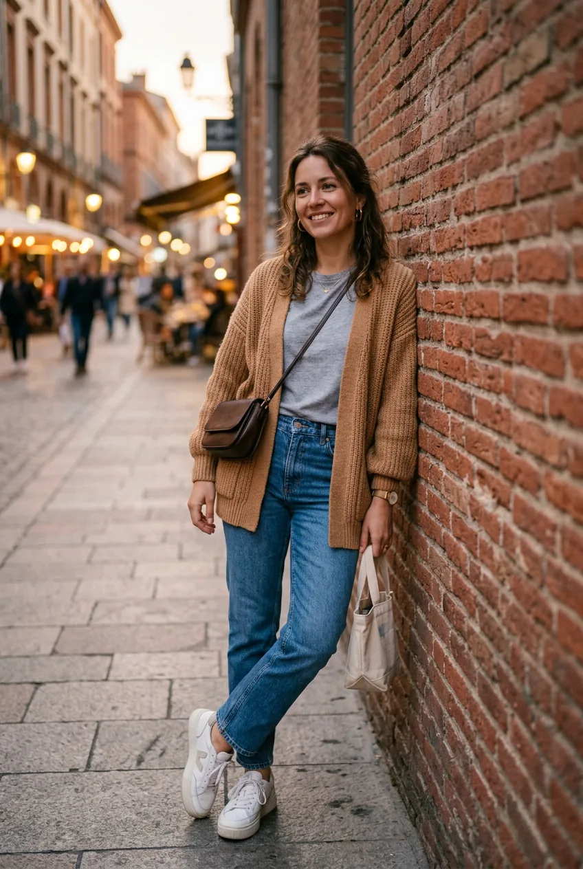 Woman in relaxed camel cardigan and straight jeans showing comfortable late evening casual style