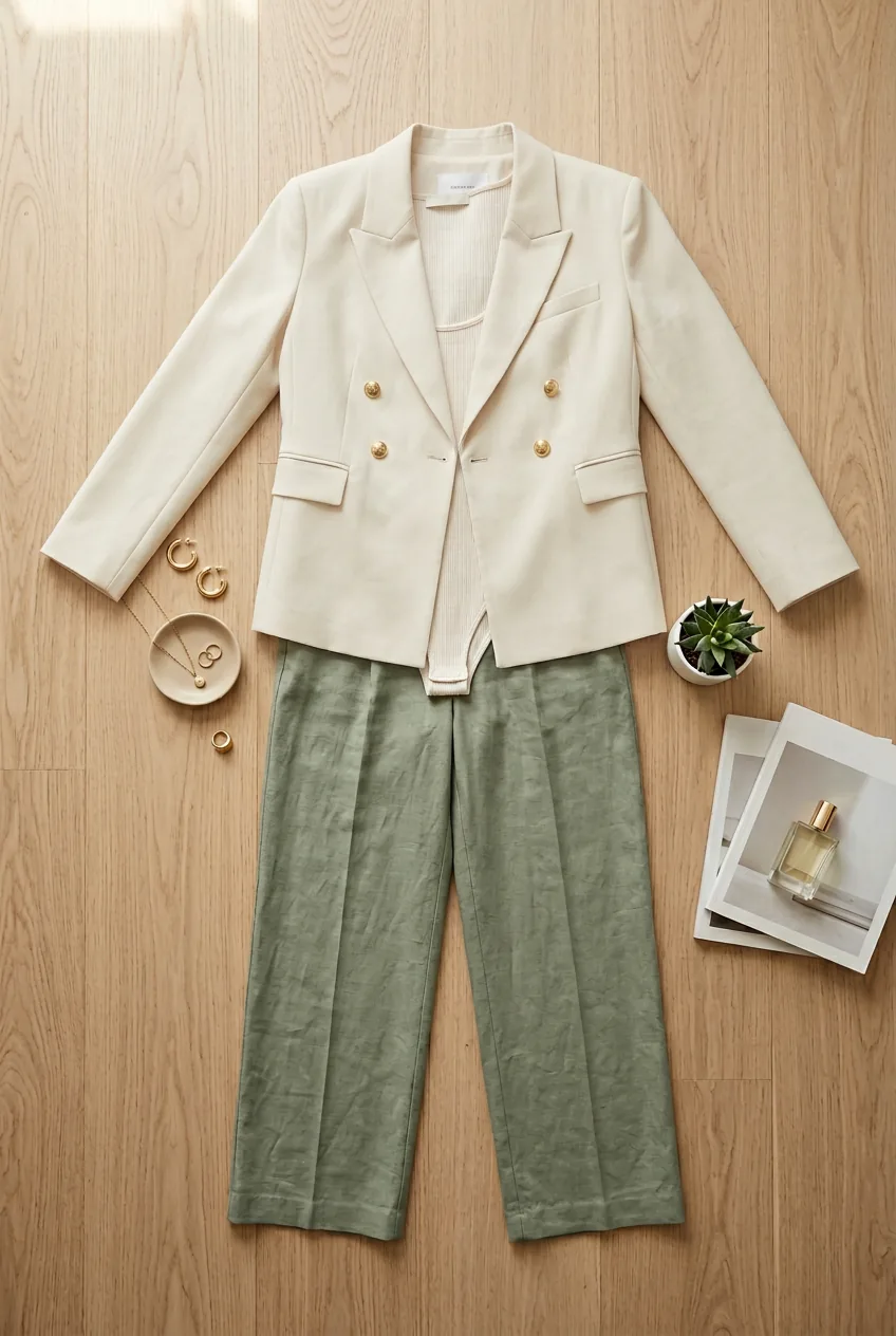 Flat lay of minimalist outfit featuring cream bodysuit and sage green wide-leg trousers with gold accents