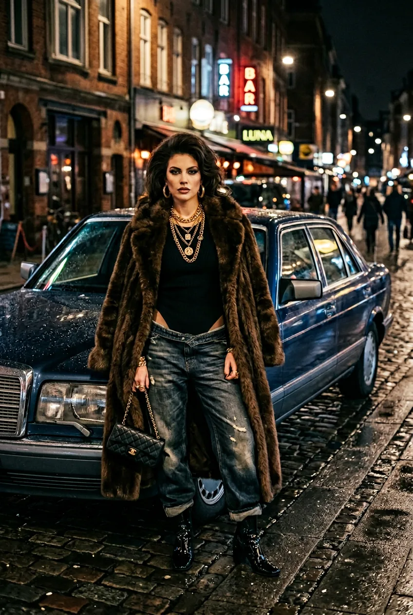 Woman in oversized fur coat and low-rise jeans with chunky gold chain jewelry