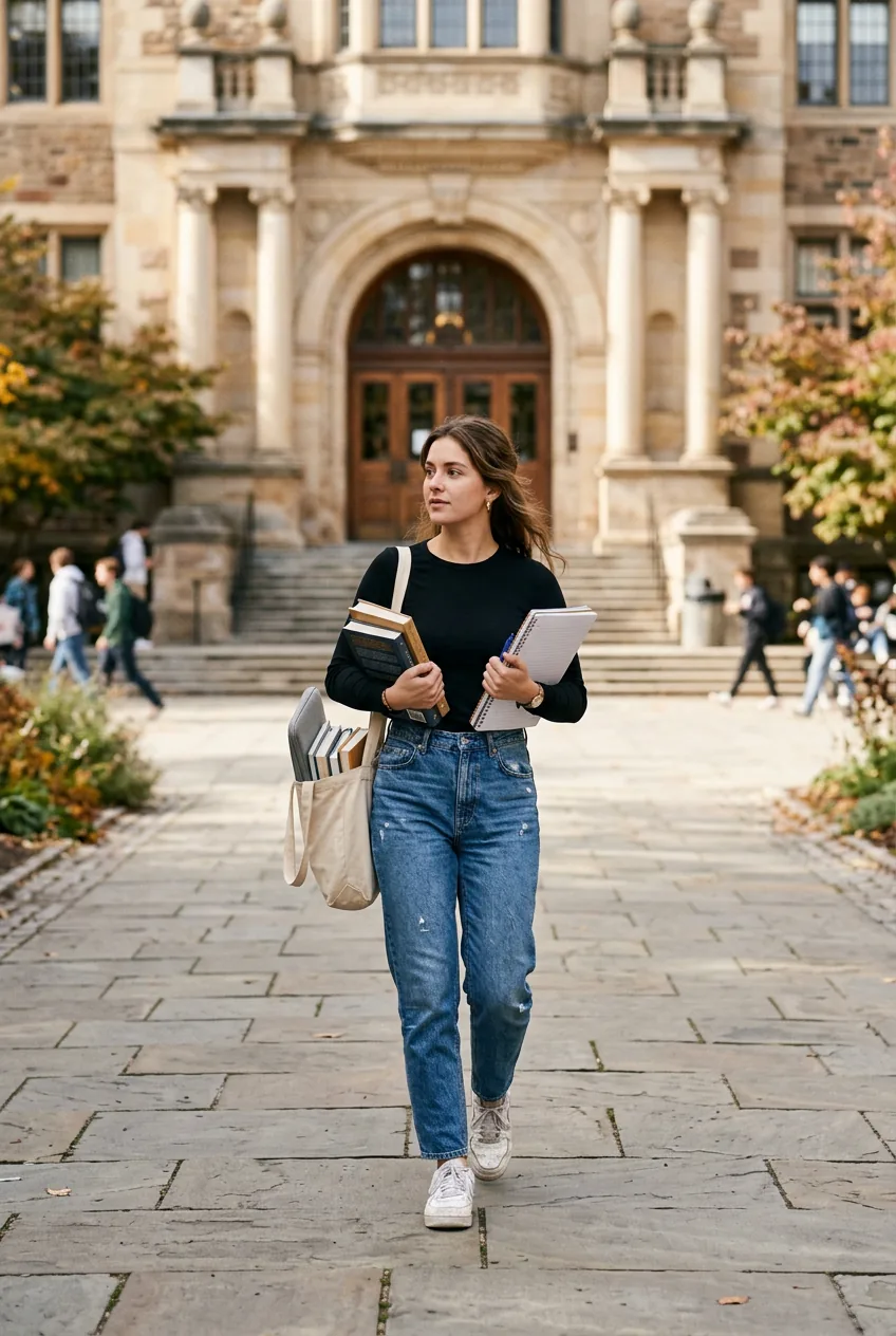 Woman in high-waisted mom jeans and fitted long-sleeve tee walking toward library entrance