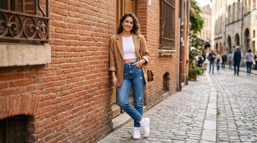 Woman wearing high-waisted mom jeans with cropped white tee and oversized camel blazer for morning coffee run