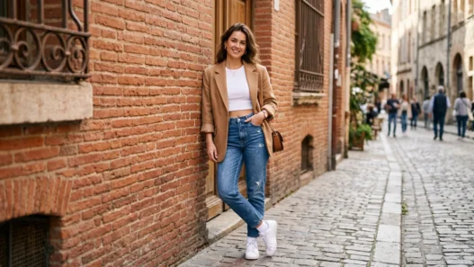 Woman wearing high-waisted mom jeans with cropped white tee and oversized camel blazer for morning coffee run
