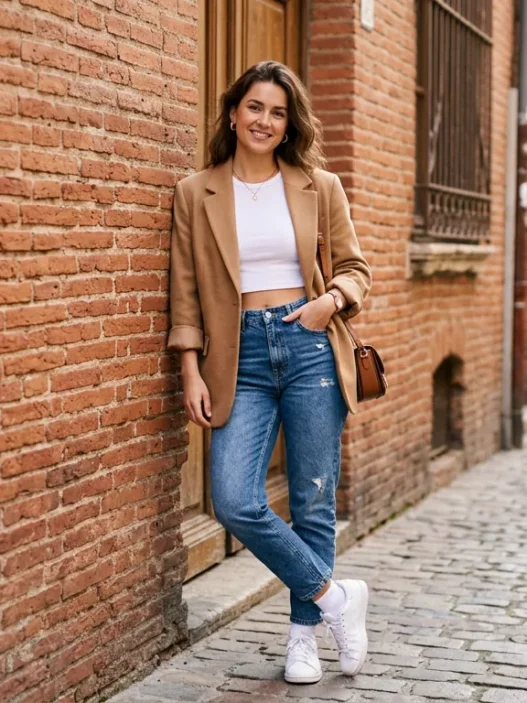 Woman wearing high-waisted mom jeans with cropped white tee and oversized camel blazer for morning coffee run