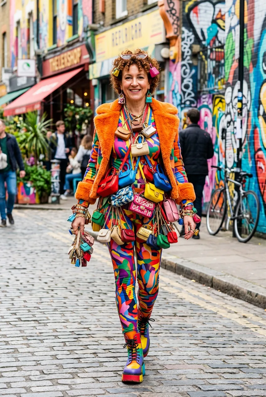 Woman wearing multiple tiny bags as accessories in colorful maximalist styling