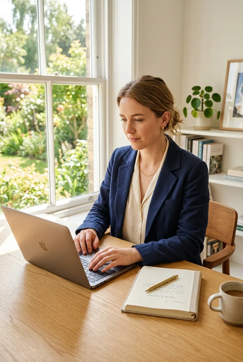 Woman in navy cotton blazer and cream blouse working at laptop in natural window light