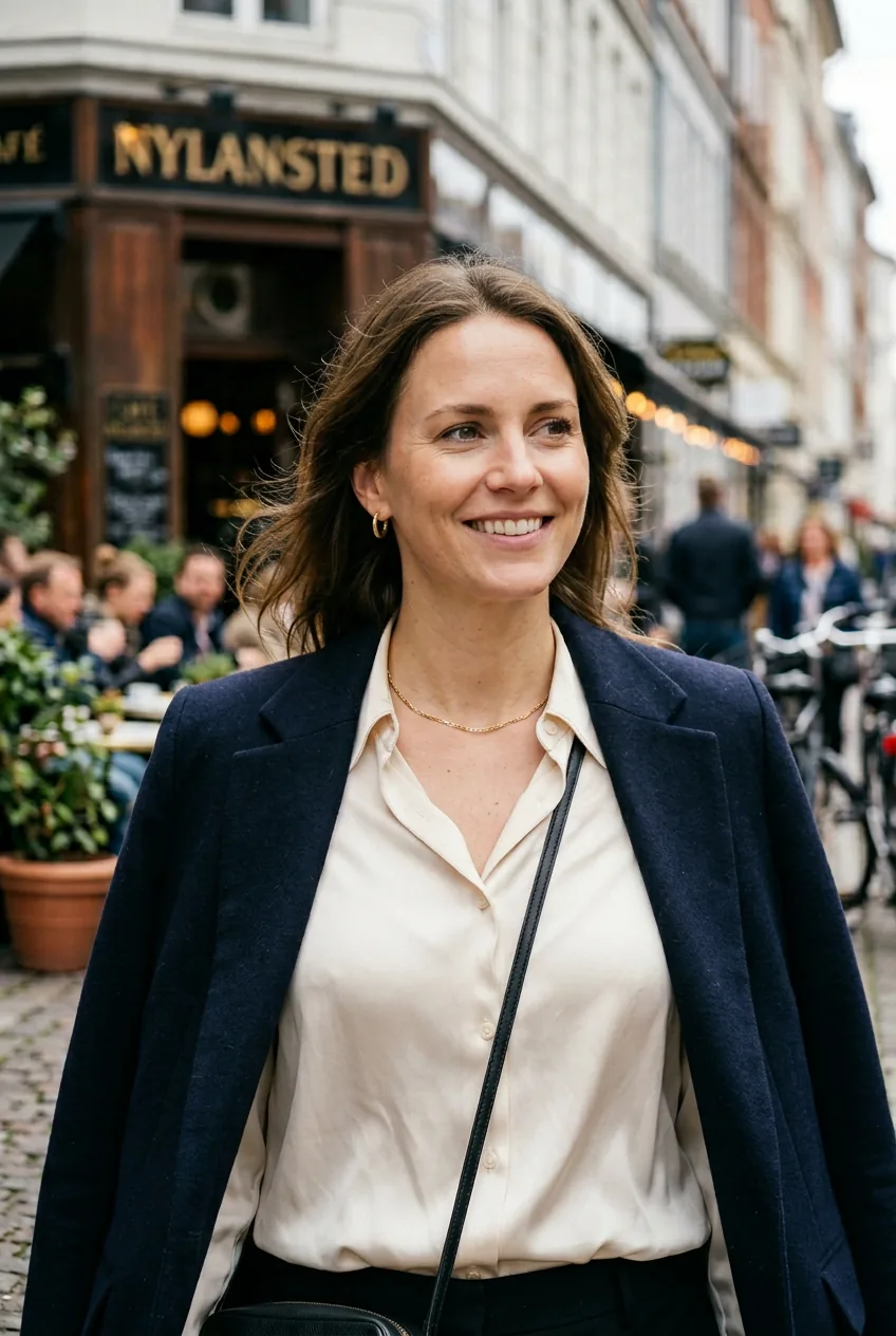 Woman wearing navy blazer draped over shoulders with cream silk blouse and black trousers on Copenhagen street