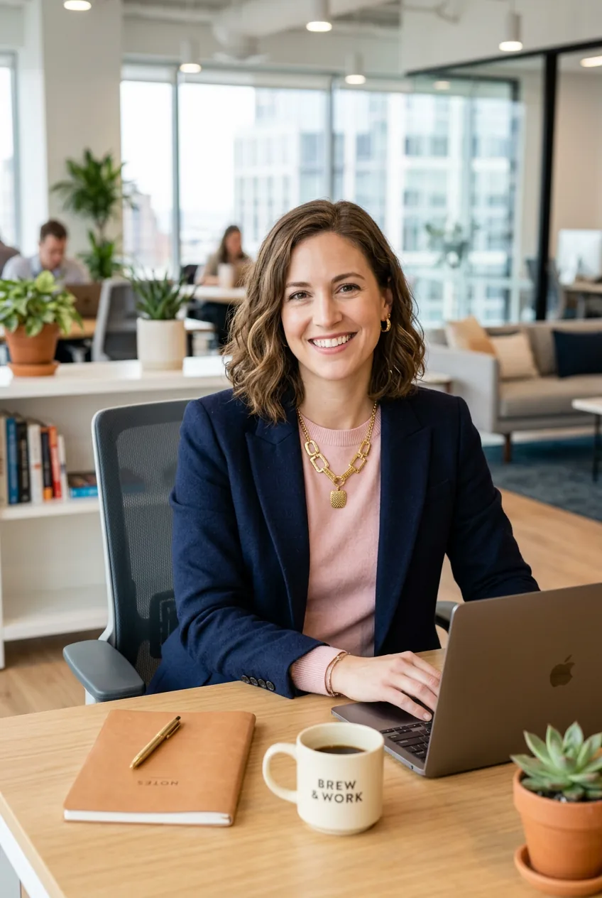 Woman wearing navy blazer with soft pink sweater and gold statement necklace at contemporary workspace