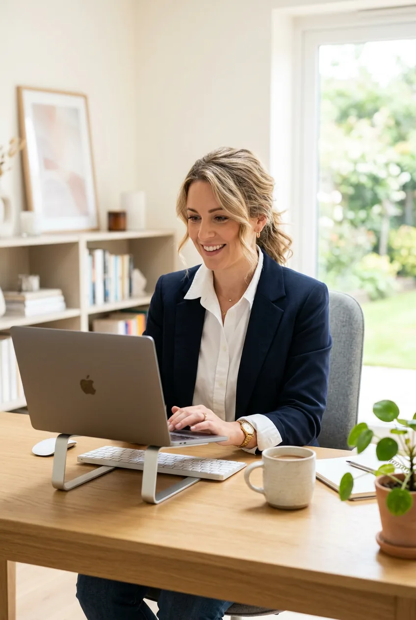 Woman wearing navy blazer and white button-down shirt at modern home office desk