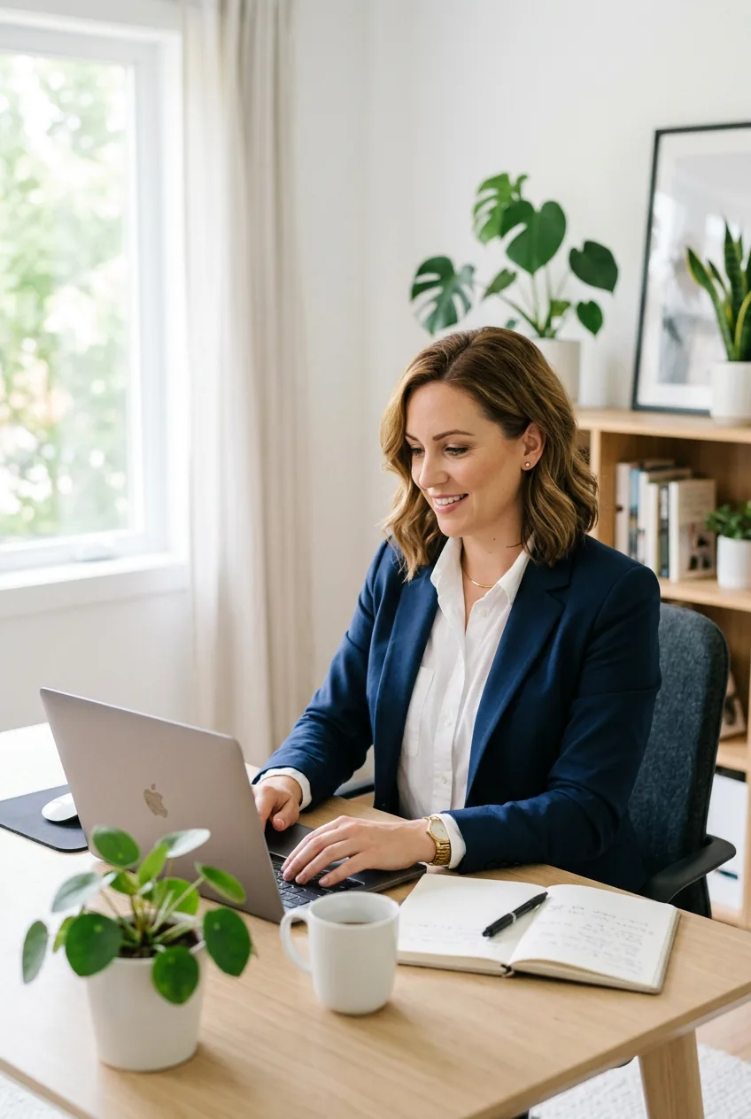 Woman in navy blazer over white button-down shirt working at modern home desk with laptop