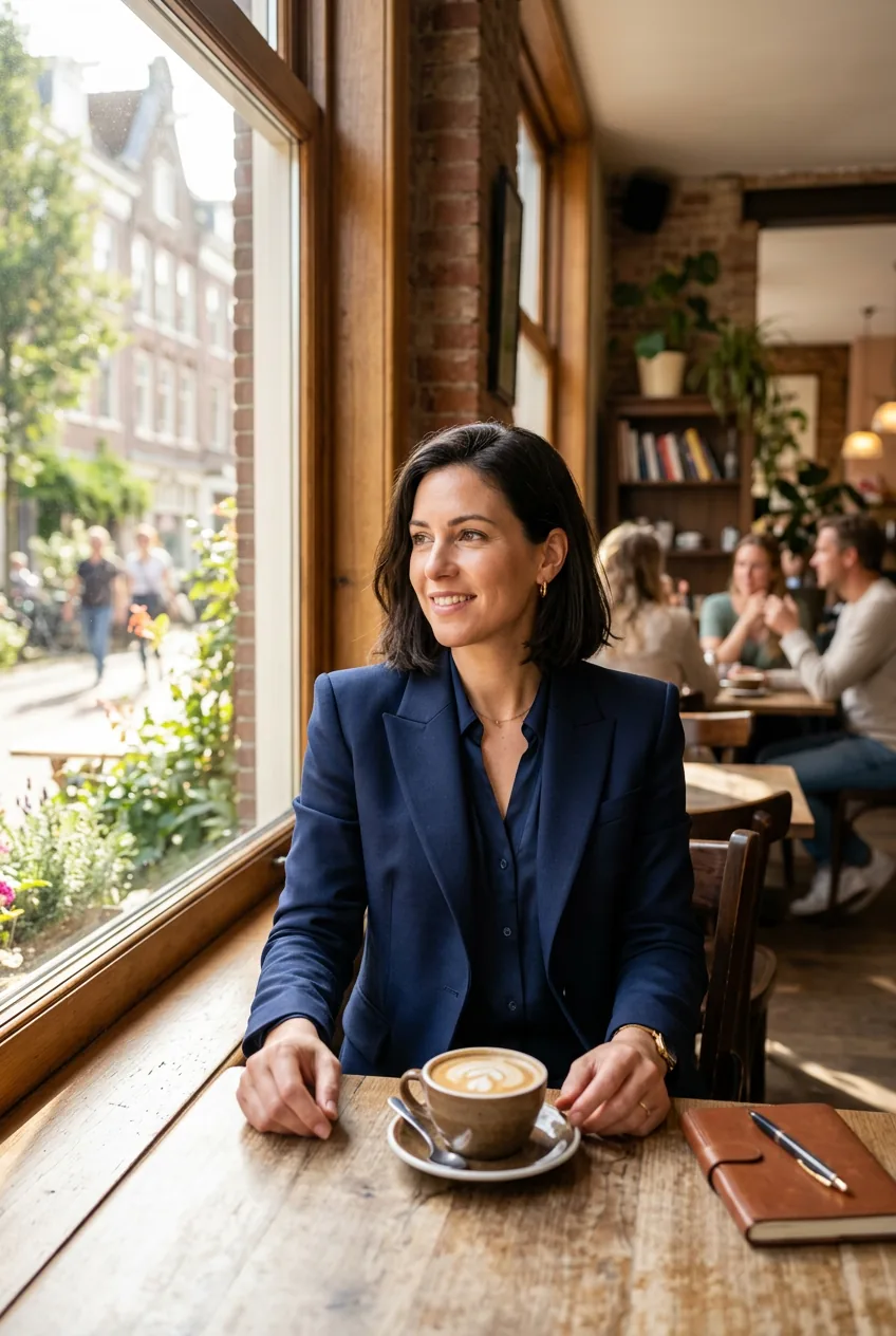 Woman in navy blouse and structured blazer showing confident casual professional style