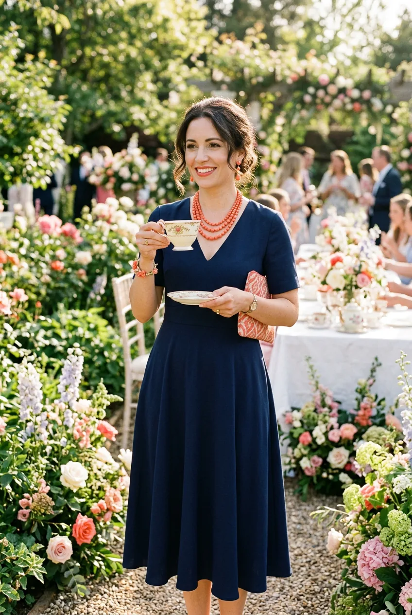 Woman in navy midi dress with coral accessories holding teacup in garden