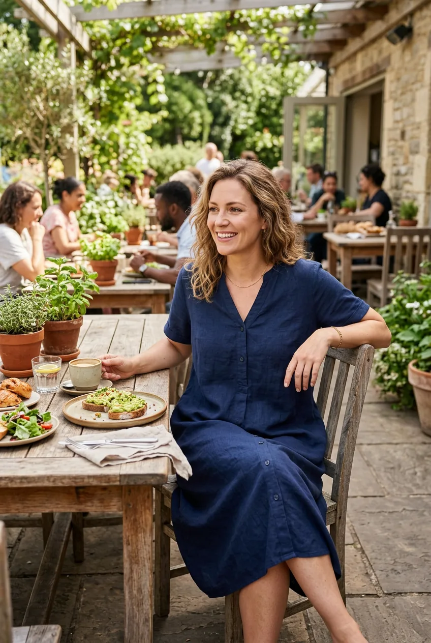 Woman wearing navy casual frock at outdoor brunch table with confident relaxed posture