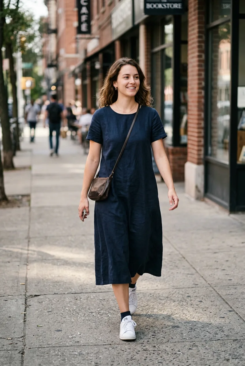 Woman in navy midi dress with white sneakers walking casually on concrete sidewalk