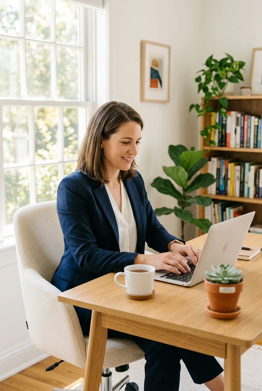 Woman in navy straight-leg pants and fitted blazer typing at laptop in morning light