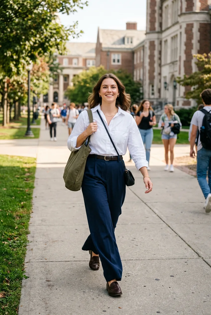 Woman in navy high-waisted trousers and white button-down walking on campus sidewalk