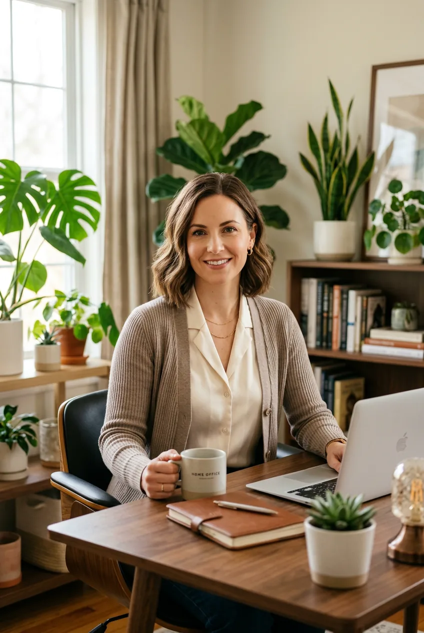 Woman wearing fitted cardigan and silk blouse at bright home office desk with natural lighting