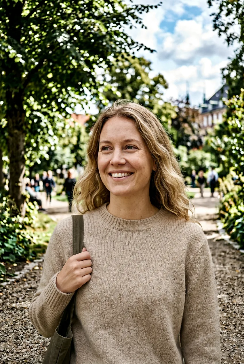Woman in neutral minimalist outfit with white sneakers walking through Copenhagen park in natural light
