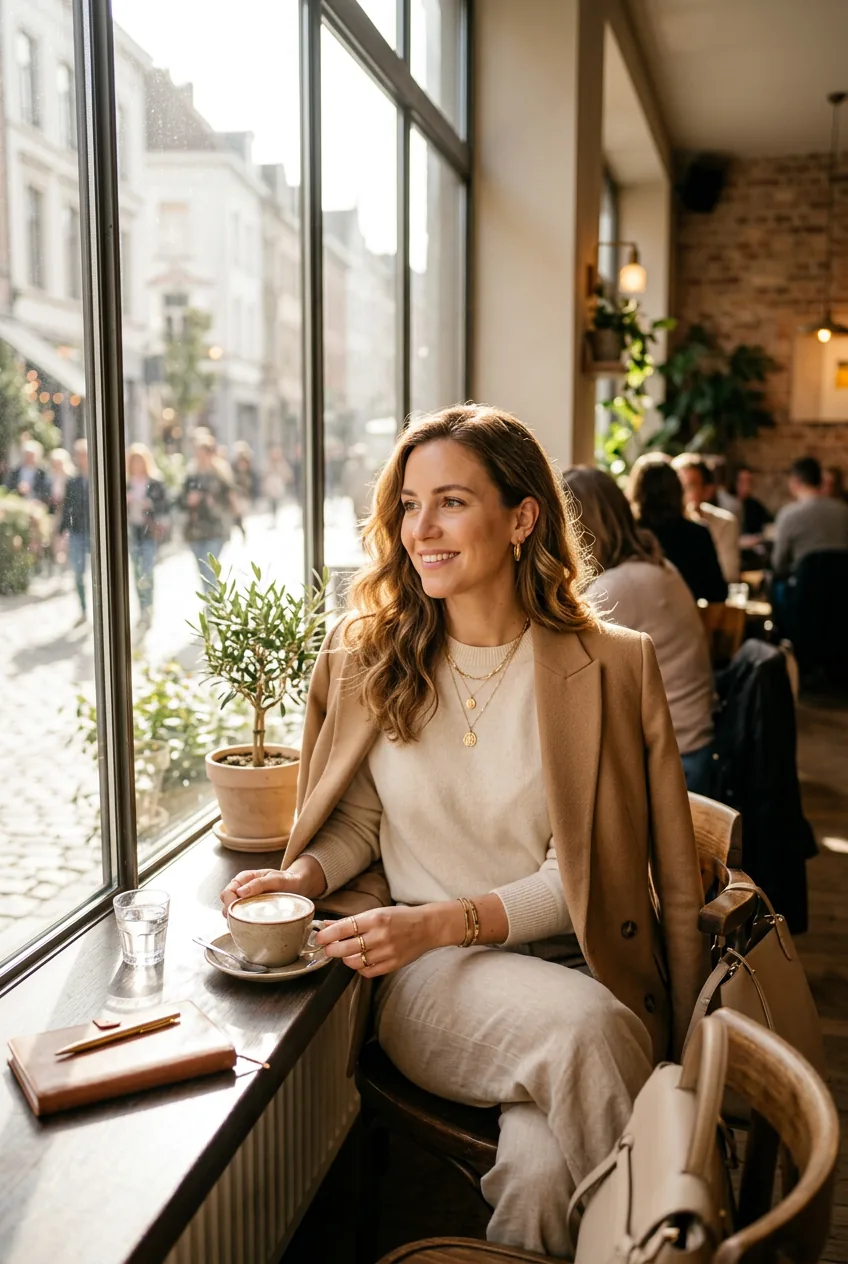 Woman in consistent neutral outfit palette with gold accessories showing serene confidence