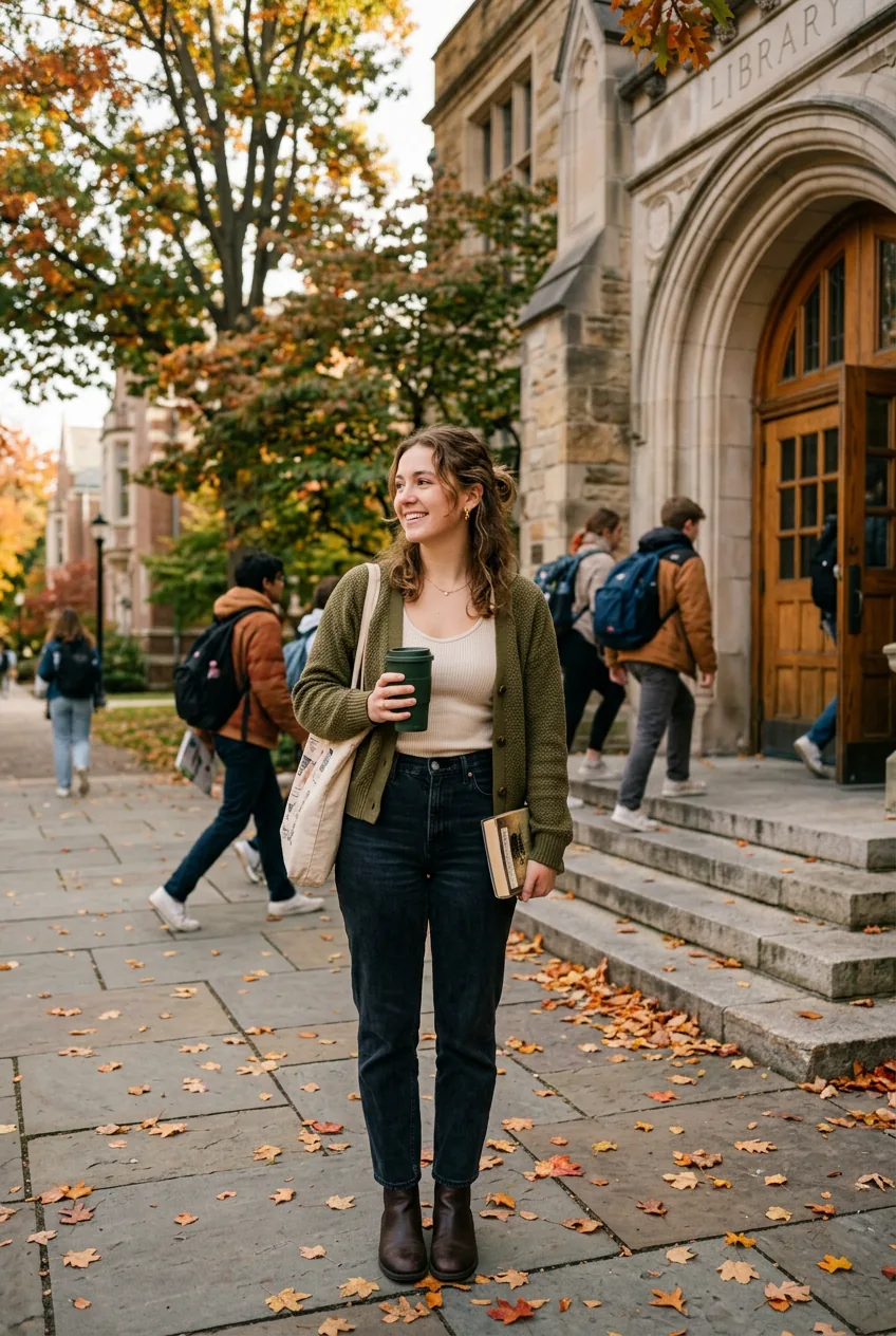College student in olive green cardigan and cream tank top at library entrance