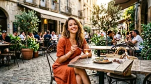 Woman in elegant summer outfit seated at outdoor cafe terrace with rosé glass and food plate