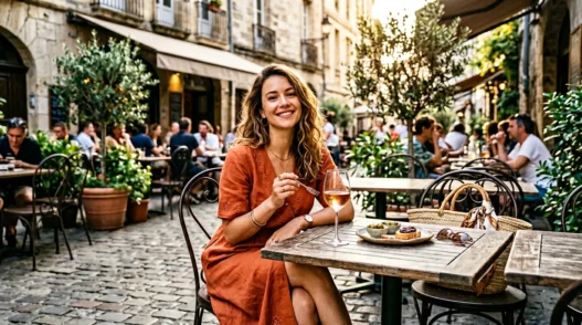 Woman in elegant summer outfit seated at outdoor cafe terrace with rosé glass and food plate