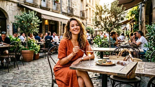 Woman in elegant summer outfit seated at outdoor cafe terrace with rosé glass and food plate