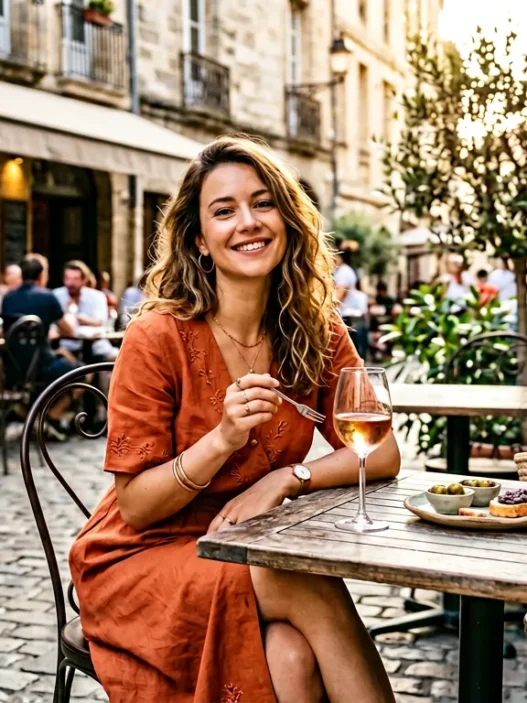 Woman in elegant summer outfit seated at outdoor cafe terrace with rosé glass and food plate