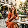 Woman in elegant summer outfit seated at outdoor cafe terrace with rosé glass and food plate