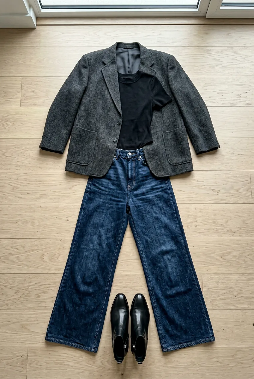 Proportion contrast shown with oversized vintage blazer, fitted bodysuit and wide-leg jeans arrangement