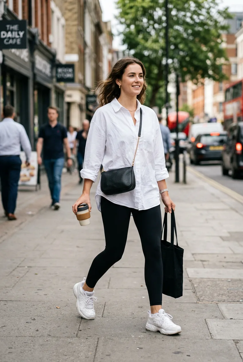 Woman in black leggings, oversized white button-up, and chunky white sneakers showing effortless casual style