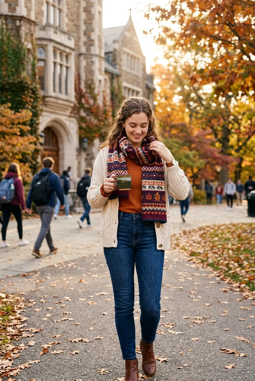 Young woman adjusting patterned scarf over cardigan while holding coffee cup