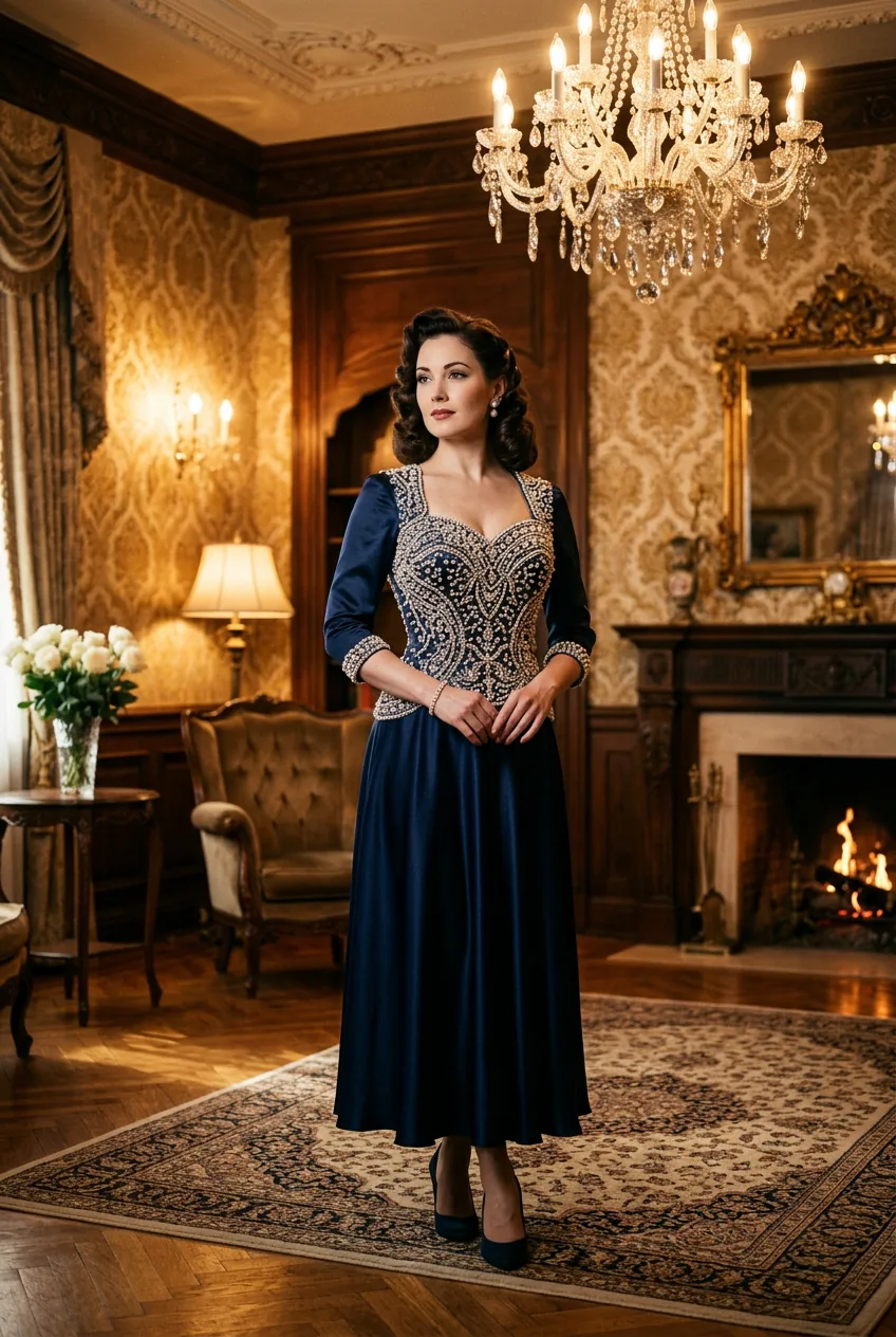Woman in 1940s style pearl-adorned dress showing vintage construction details in ornate room