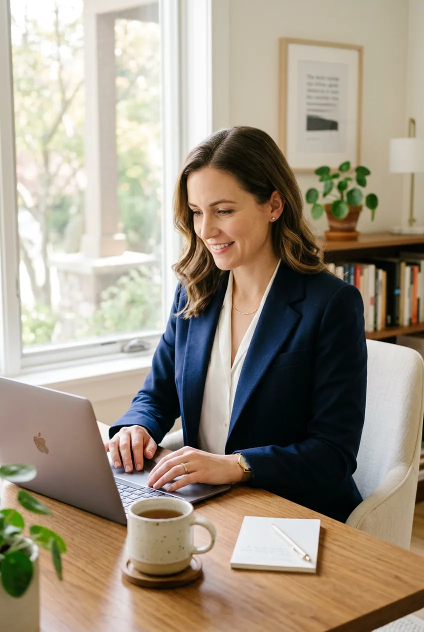 Woman in perfectly fitted navy blazer seated at bright home office with natural lighting
