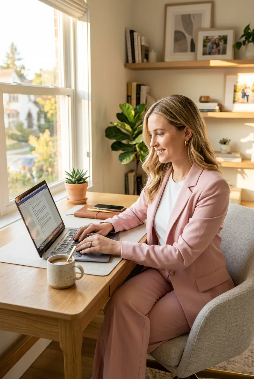 Woman wearing soft pink blazer with wide-leg trousers at organized home office desk setup