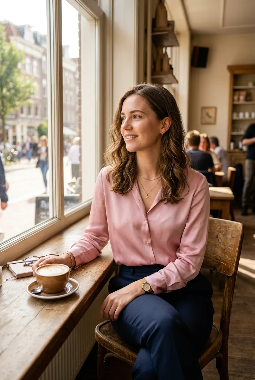 Woman wearing soft pink silk blouse tucked into dark trousers with gold jewelry