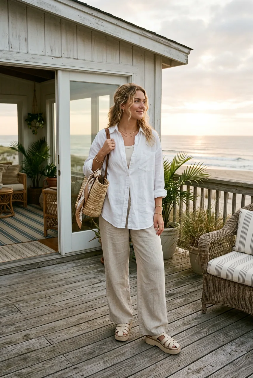 Woman wearing cream platform sandals with flowing linen pants and white button-down