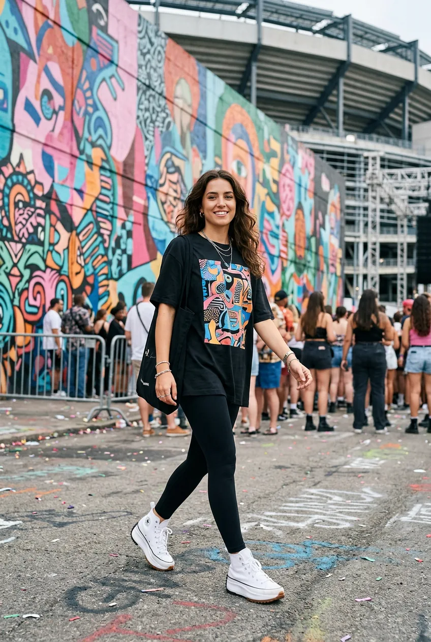 Woman in black leggings, oversized graphic tee, and platform sneakers for stadium show