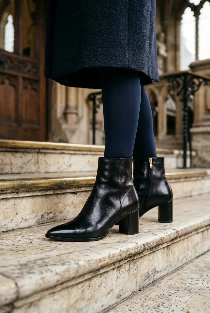 Close-up view of pointed-toe ankle boots with block heel on marble church steps