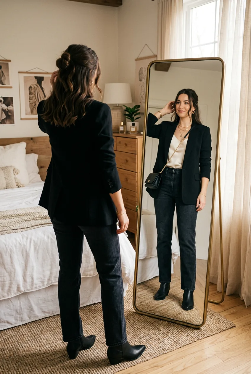 Woman in polished going out outfit with intentional styling shown in mirror reflection