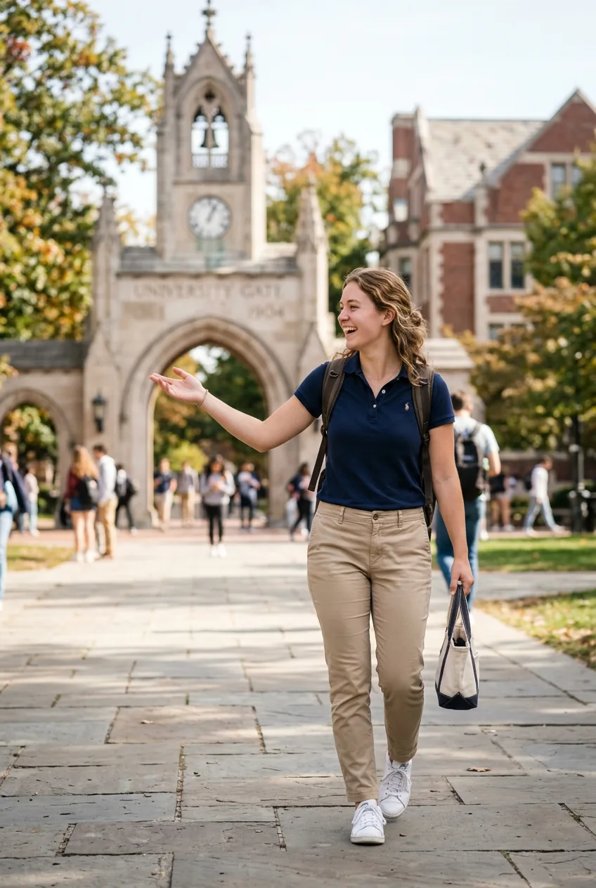 Woman wearing polo shirt with khaki chinos walking backwards on university quad