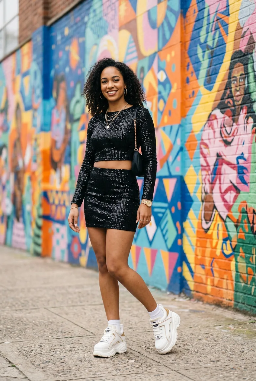 Woman wearing sequined mini skirt and crop top with platform sneakers posed in front of bright mural